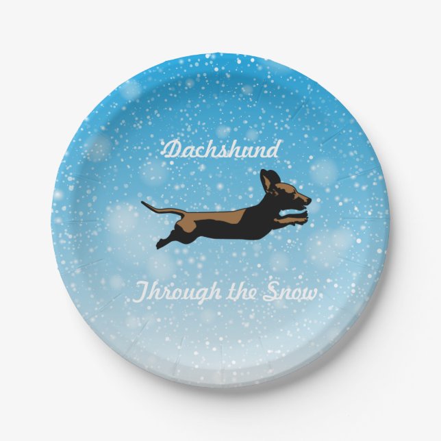 Plato De Papel Dachshund atravesando la placa del fiesta de nieve (Anverso)