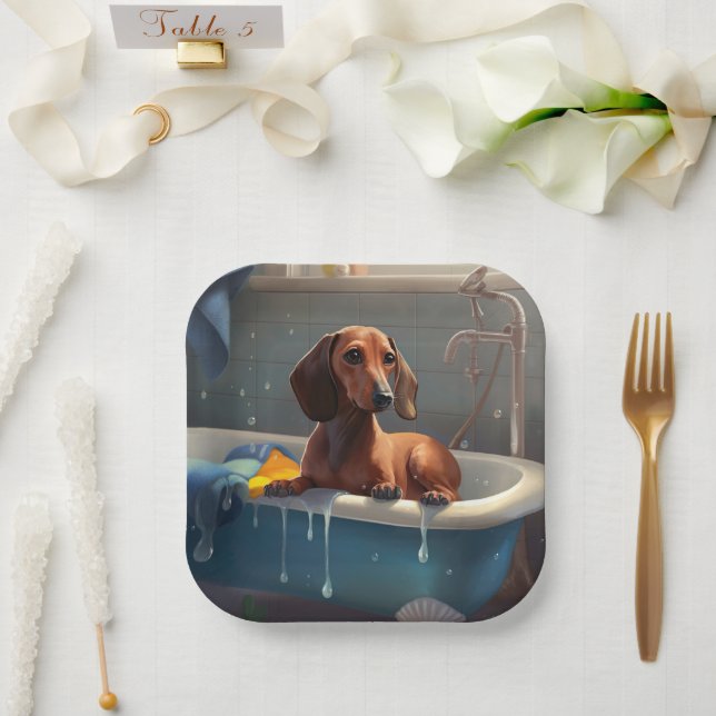 Plato De Papel Dachshund Bathtime Fun (Boda)