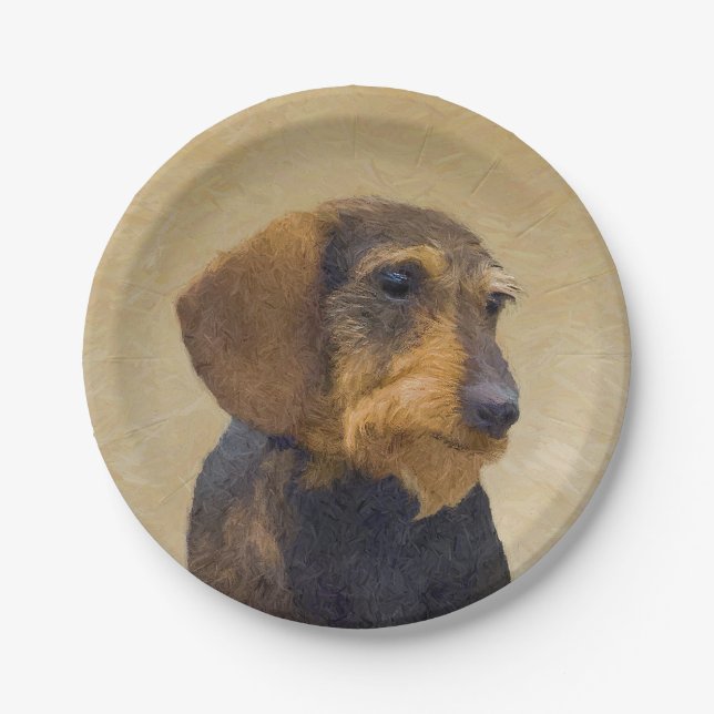 Plato De Papel Dachshund (Cabezal alambrada) Pintura original de  (Anverso)