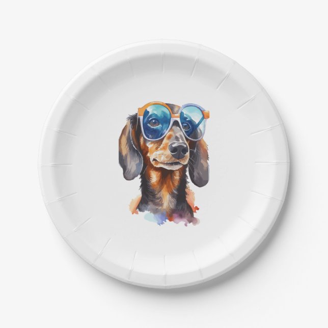 Plato De Papel Dachshund con gafas de sol  (Anverso)