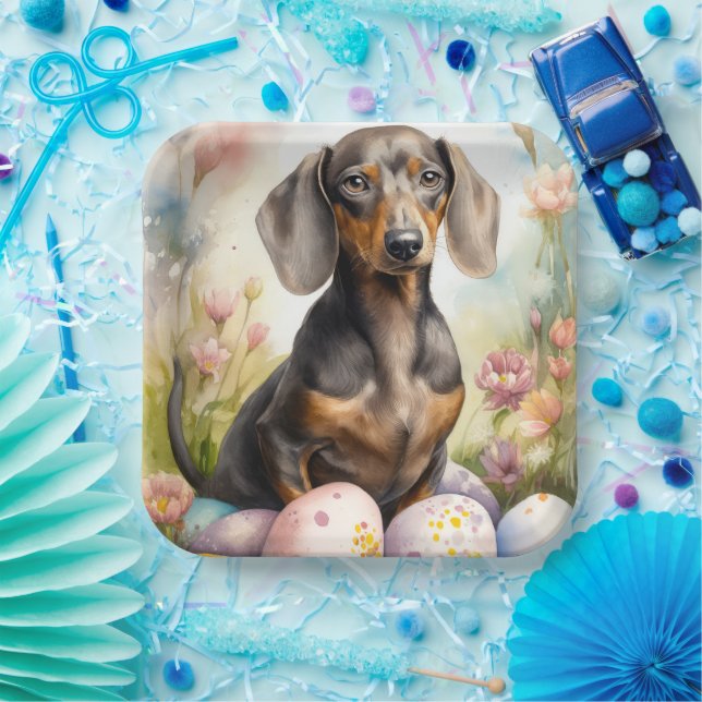 Plato De Papel Dachshund con huevos de Pascua (Fiesta)