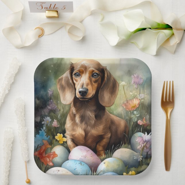 Plato De Papel Dachshund con huevos de Pascua (Boda)