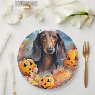Plato De Papel Dachshund de Halloween con calabazas espeluznante