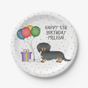 Plato De Papel Dachshund de pelo largo negro y fuego Feliz Cumple