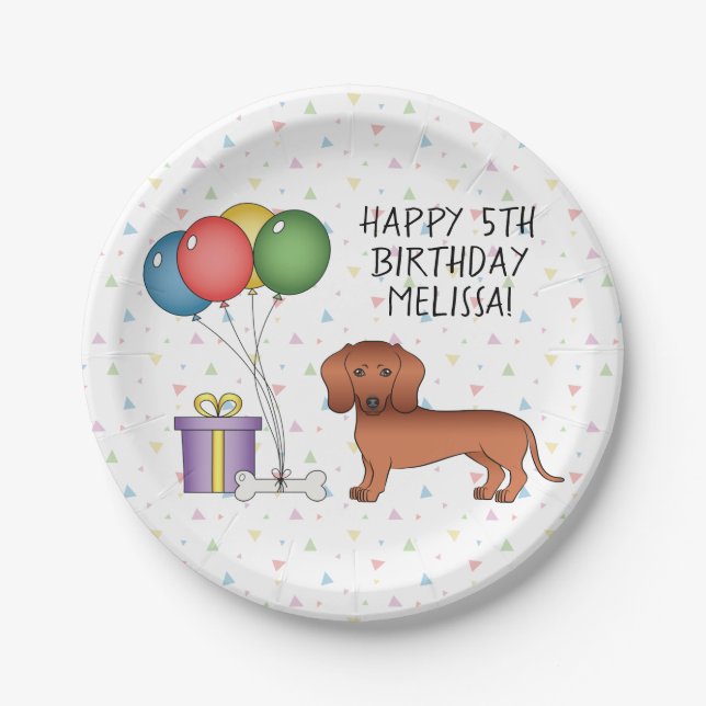 Plato De Papel Dachshund de Pelo Liso Rojo Cumpleaños Feliz (Anverso)
