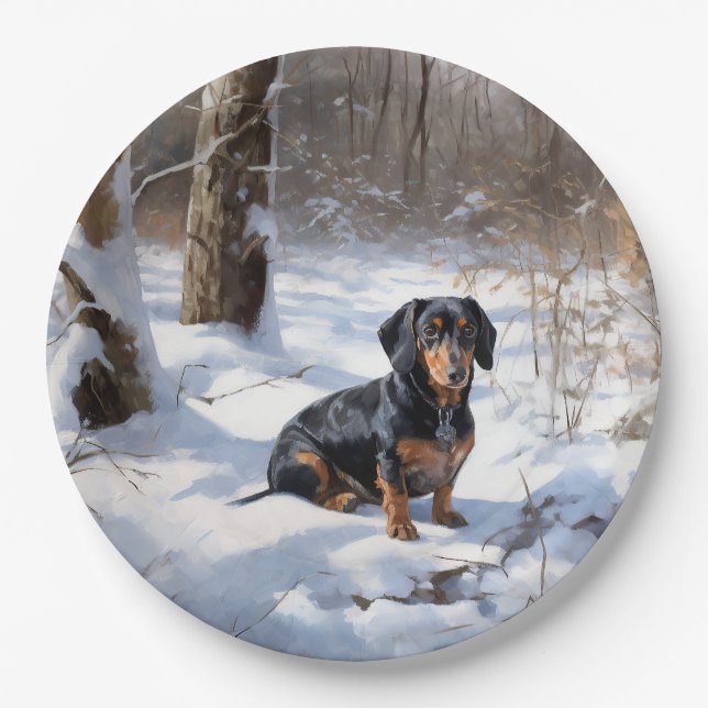Plato De Papel Dachshund deja que nieve Navidades (Anverso)