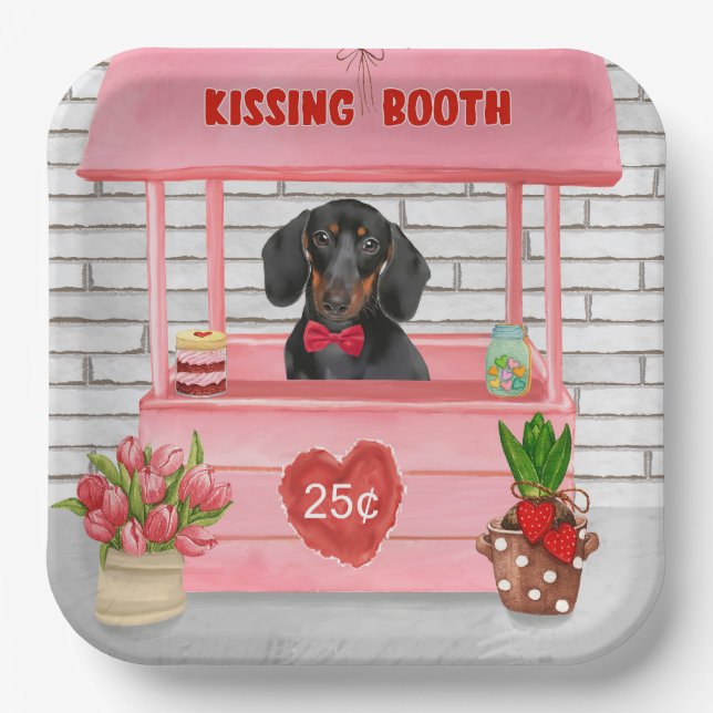 Plato De Papel Dachshund Dog El día de San Valentín Kissing Booth (Anverso)