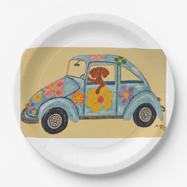 Plato De Papel Dachshund en coche hippie (Anverso)