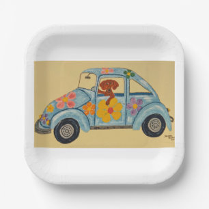 Plato De Papel Dachshund en coche hippie