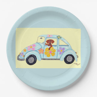 Plato De Papel Dachshund en coche hippie