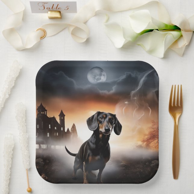 Plato De Papel Dachshund Halloween Aterrador (Boda)
