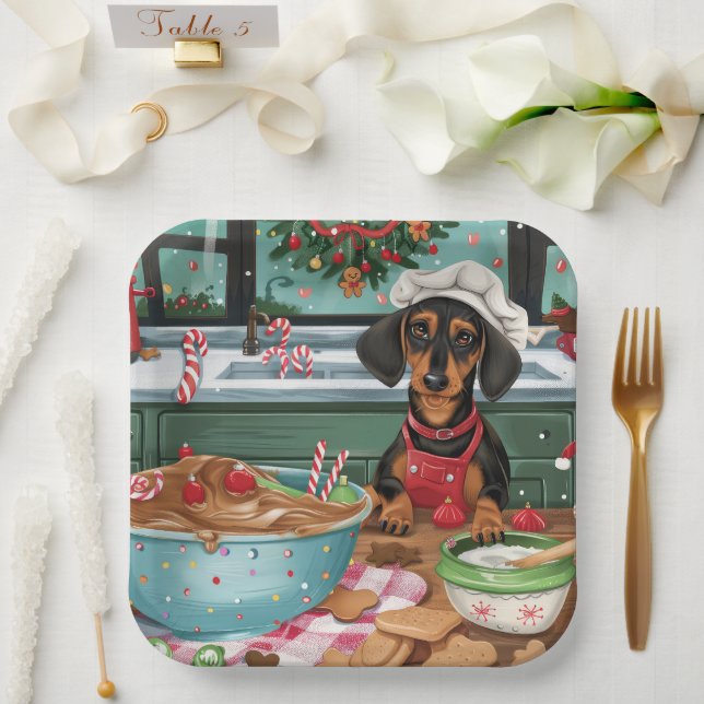 Plato De Papel Dachshund Holiday Baking: Navidades festivos (Boda)