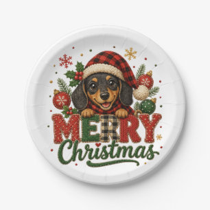 Plato De Papel Dachshund lindo Feliz Navidad