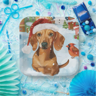 Plato De Papel Dachshund País de las Maravillas Invernal Alegría 