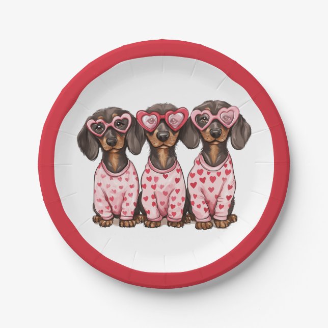 Plato De Papel Dachshund Perros Día de San Valentín (Anverso)
