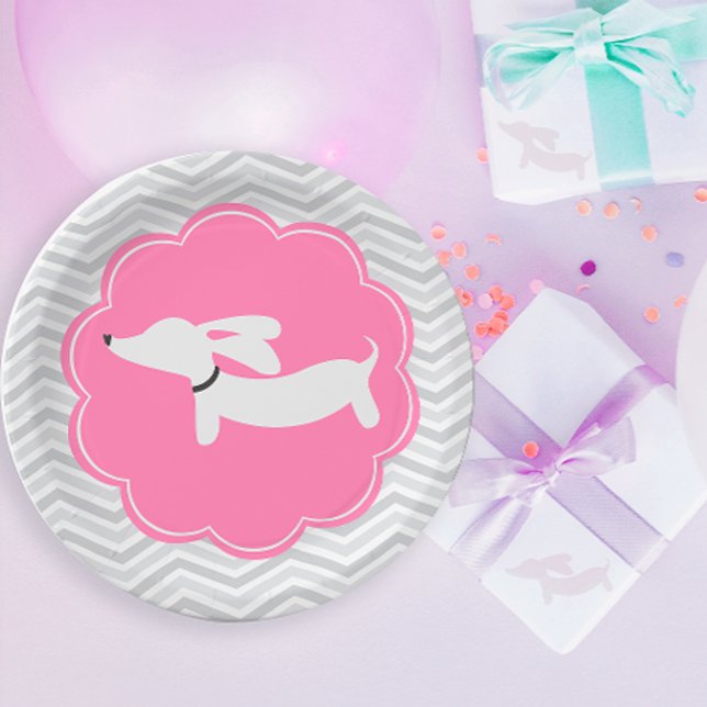 Plato De Papel Dachshund Placas de papel rosa Doxie Baby Shower (Dachshund pink party - baby showers, kids birthday parties and wiener dog bridal showers)