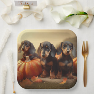 Plato De Papel Dachshund Puppy Calabaza deslumbrante de otoño