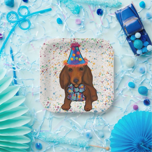 Plato De Papel Dachshund rojo de pelo largo      (Fiesta)