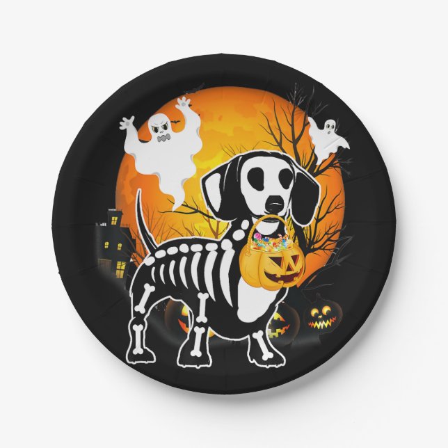 Plato De Papel Dachshund Skeleton Halloween Feliz regalo de calab (Anverso)