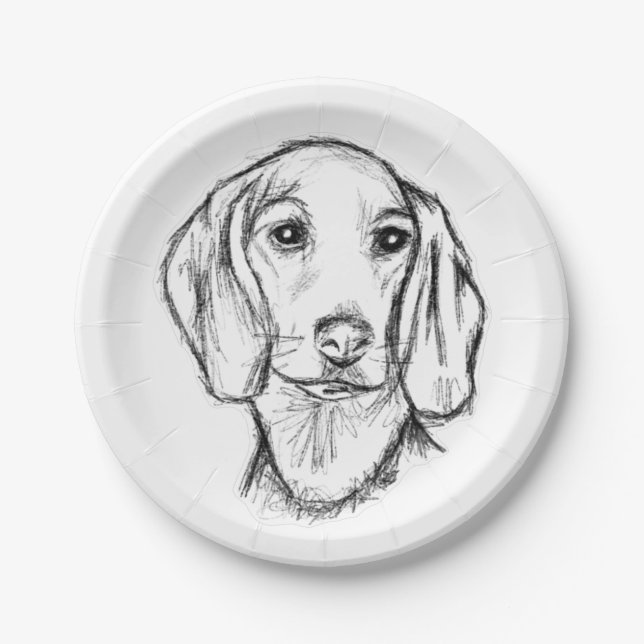 Plato De Papel dachshund sketch a mano perro cachorro blanco negr (Anverso)