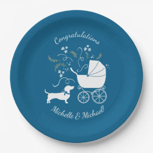 Plato De Papel Dachshund Wiener Dog Baby Shower Blue Boy