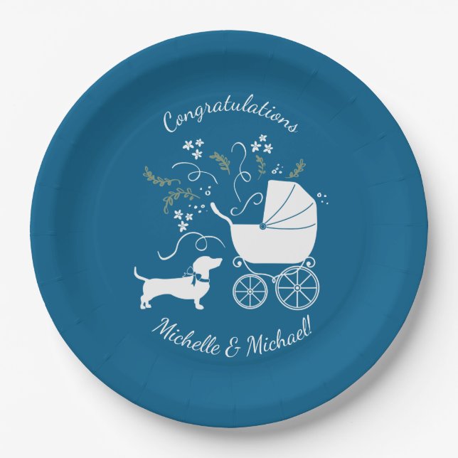 Plato De Papel Dachshund Wiener Dog Baby Shower Blue Boy (Anverso)