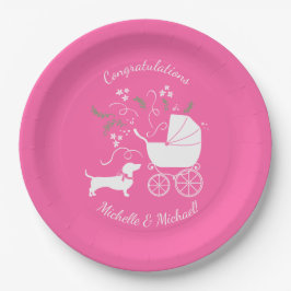 Plato De Papel Dachshund Wiener Dog Chica rosa Baby Shower