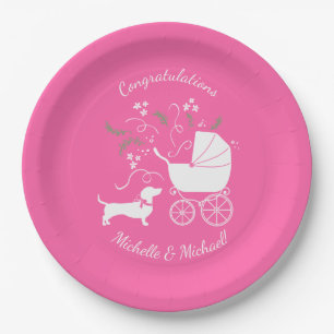 Plato De Papel Dachshund Wiener Dog Chica rosa Baby Shower