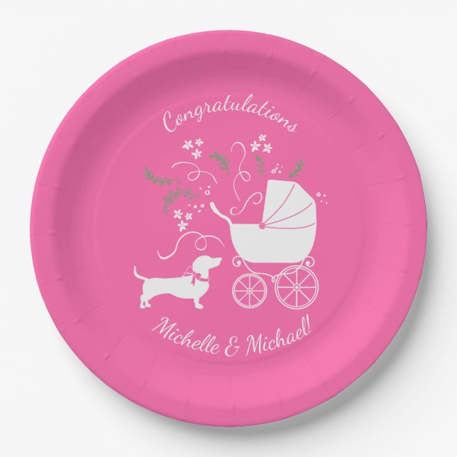 Plato De Papel Dachshund Wiener Dog Chica rosa Baby Shower (Anverso)