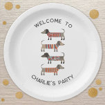 Plato De Papel Dachshund Wiener Sausage Dog Personalizado<br><div class="desc">Pequeña salchicha de Dachshund o perritos de peluquería en ropa de cama de lana. Perfecto para los amantes del perro. Cambie o quite el texto superior e inferior que desee personalizar. Arte original de Nic Squirrell.</div>