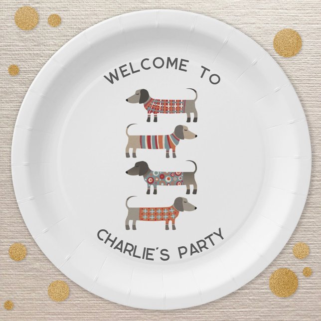 Plato De Papel Dachshund Wiener Sausage Dog Personalizado (Cute personalized name and message Dachshund Wiener Sausage dog party paper plates)