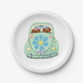 Plato De Papel Dachshunds Hippies En Su Coche De Amor Floral
