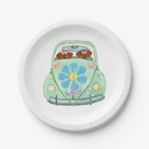 Plato De Papel Dachshunds Hippies En Su Coche De Amor Floral