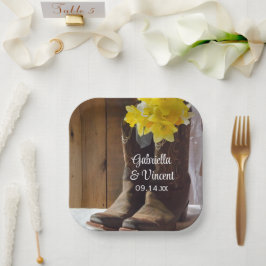 Plato De Papel Daffodis y Cowboy Boots País Boda occidental
