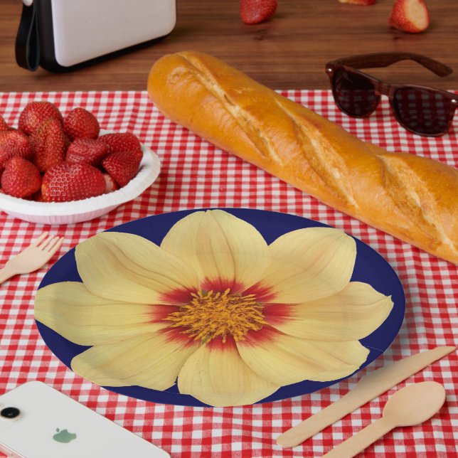 Plato De Papel Dahlia amarilla en floral azul (Picnic)