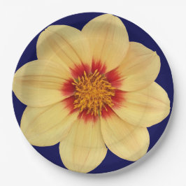 Plato De Papel Dahlia amarilla en floral azul