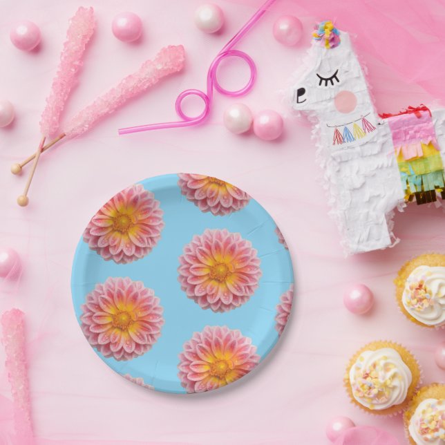 Plato De Papel Dahlia rosa y gotas de excremento (Fiesta)