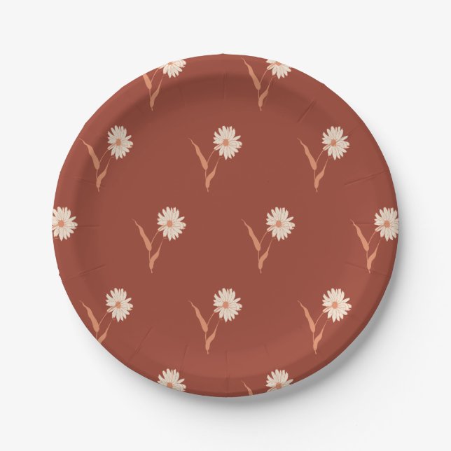 Plato De Papel Dainty Scattered Aster Botanical | Rust Red (Anverso)