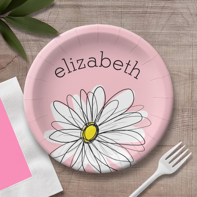 Plato De Papel Daisía sincera rosa y blanca con texto Personaliza (Personalized party plate with area for name - whimsical daisy )
