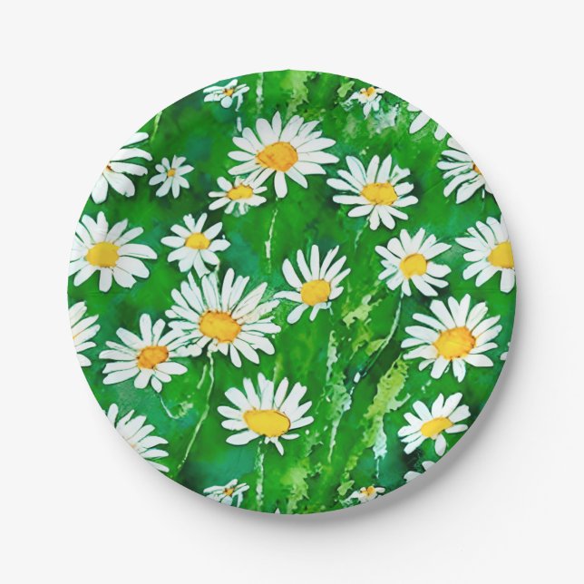 Plato De Papel Daisies acuarelas en un campo verde (Anverso)