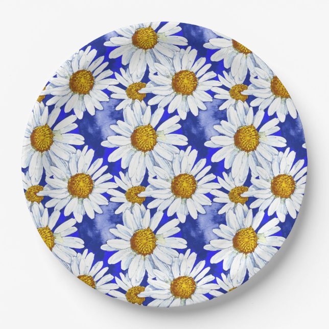 Plato De Papel Daisies acuarelas sobre el azul denim (Anverso)
