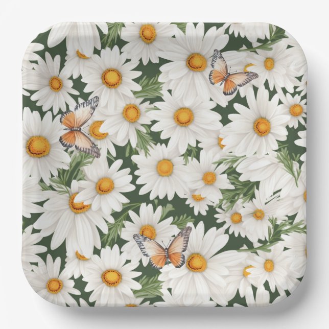 Plato De Papel Daisies acuarelas y mariposas (Anverso)