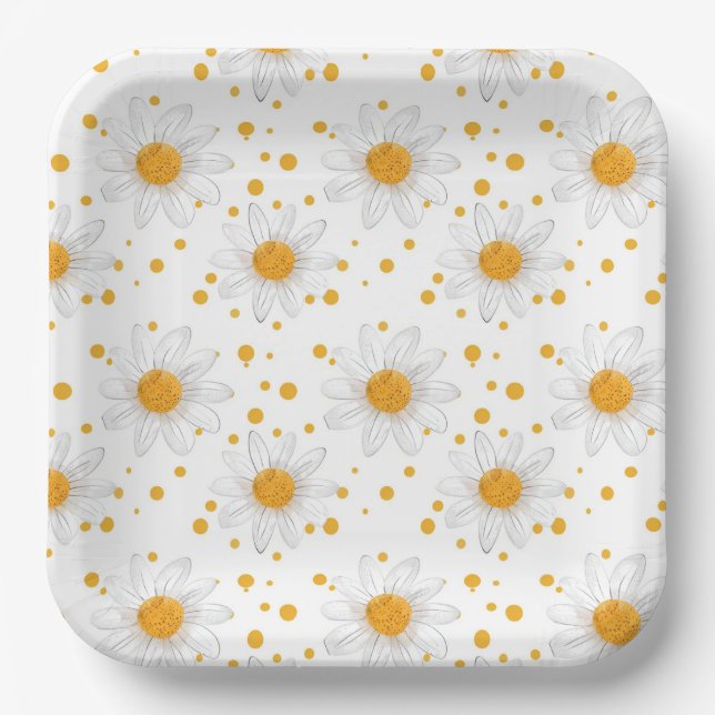 Plato De Papel Daisies blancos brillantes con centros amarillos (Anverso)
