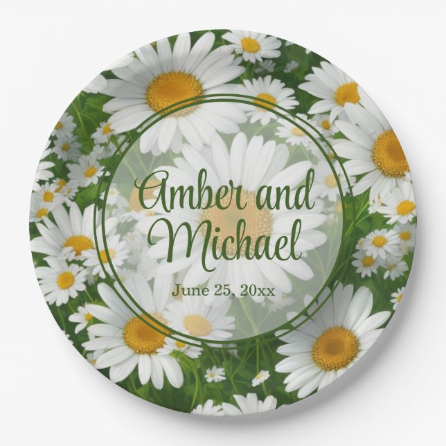 Plato De Papel Daisies blancos florales de primavera verde (Anverso)