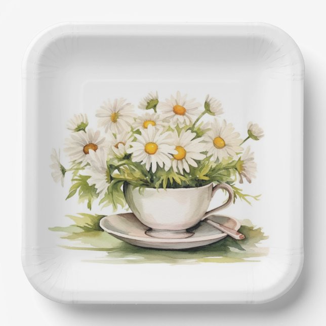 Plato De Papel Daisies De Acuarela En La Copa De Café (Anverso)