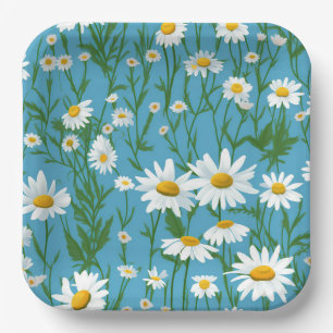 Plato De Papel Daisies de verano blancos en Aqua
