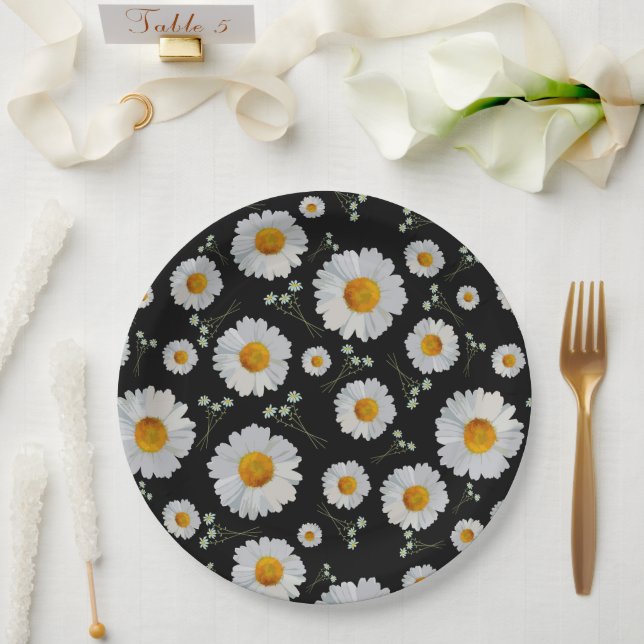 Plato De Papel Daisies en negro (Boda)