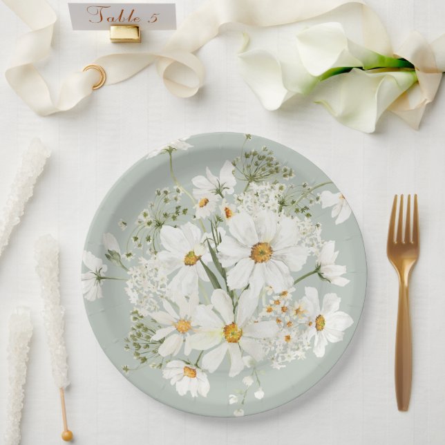 Plato De Papel Daisies Floral acuarela (Boda)