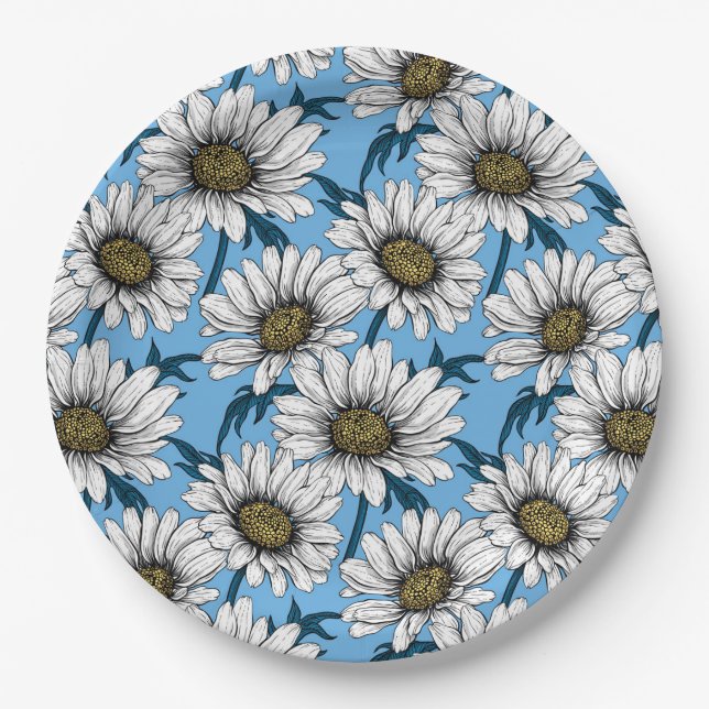 Plato De Papel Daisies, flores silvestres en azul (Anverso)