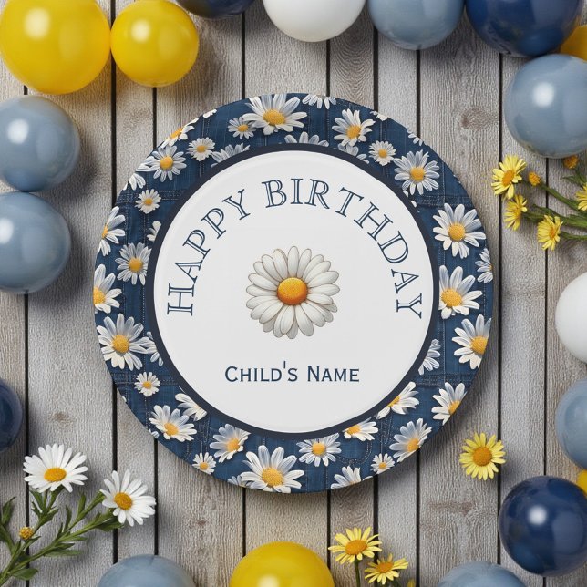 Plato De Papel Daisies on Blue Denim Birthday  (Subido por el creador)